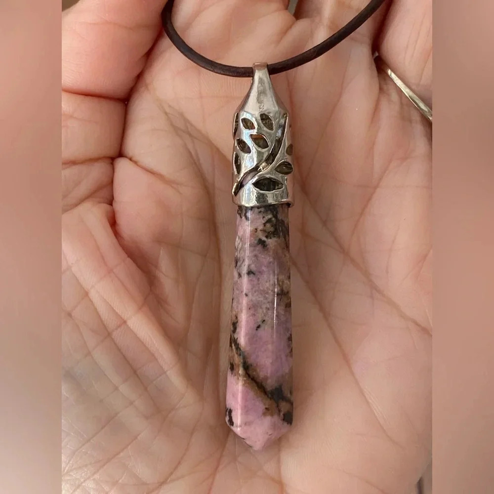 Handmade Rhodonite Obelisk Pendant Leather Slider Necklace